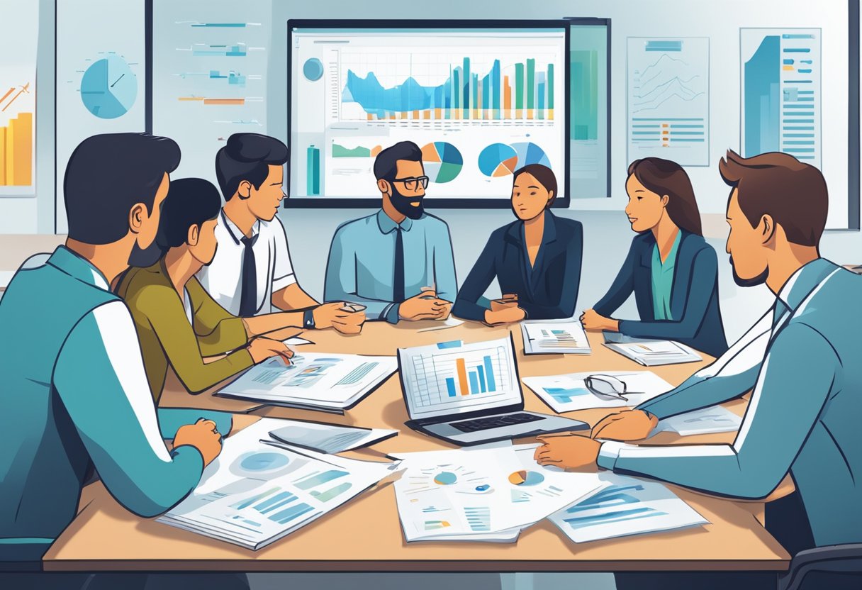 A group of professionals sit around a table, discussing and reviewing documents on a large screen. Charts and graphs are displayed, and everyone is engaged in the conversation