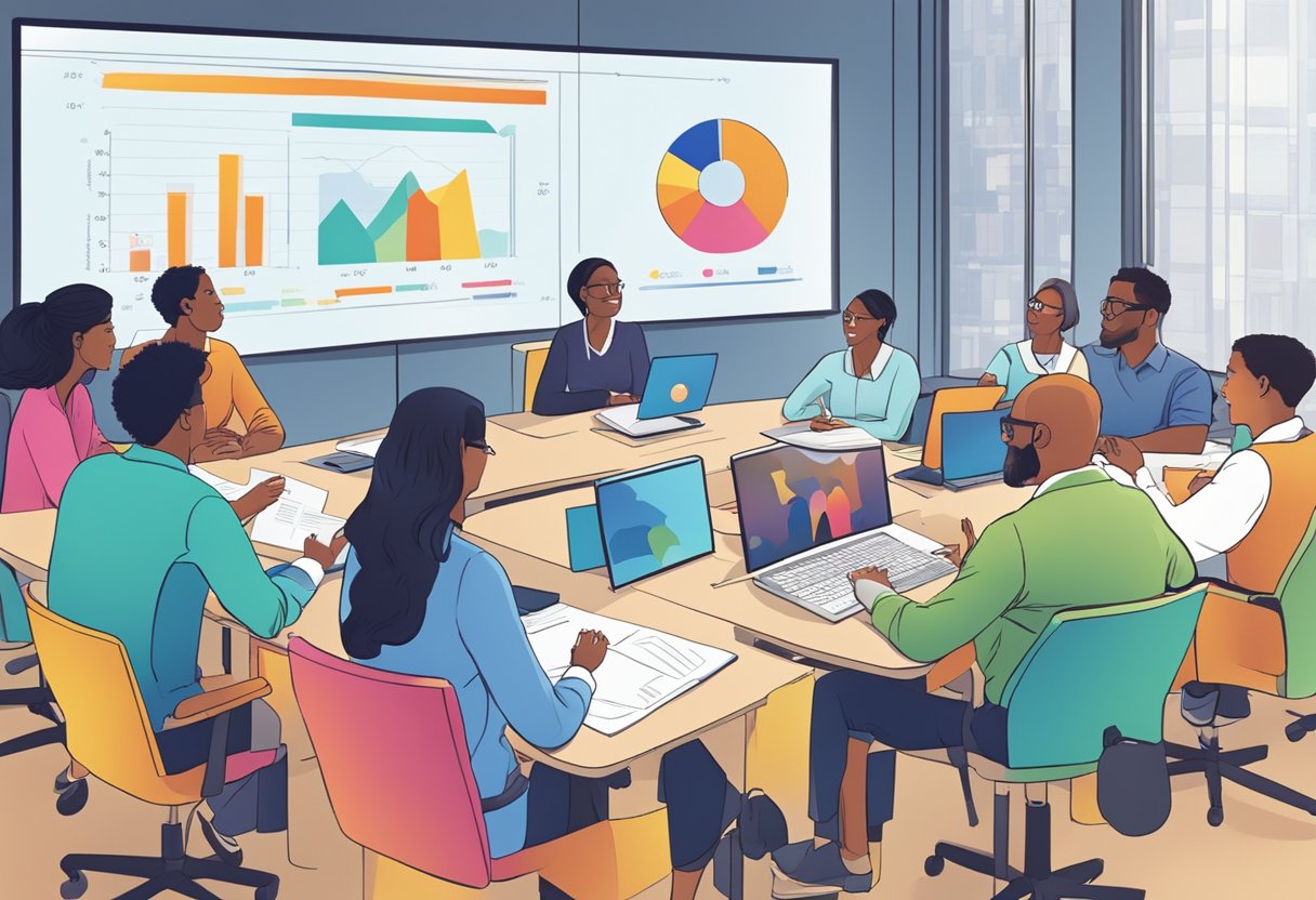 A diverse group engages in lively discussion during an Incompass panel review, with colorful charts and graphs displayed on a large screen