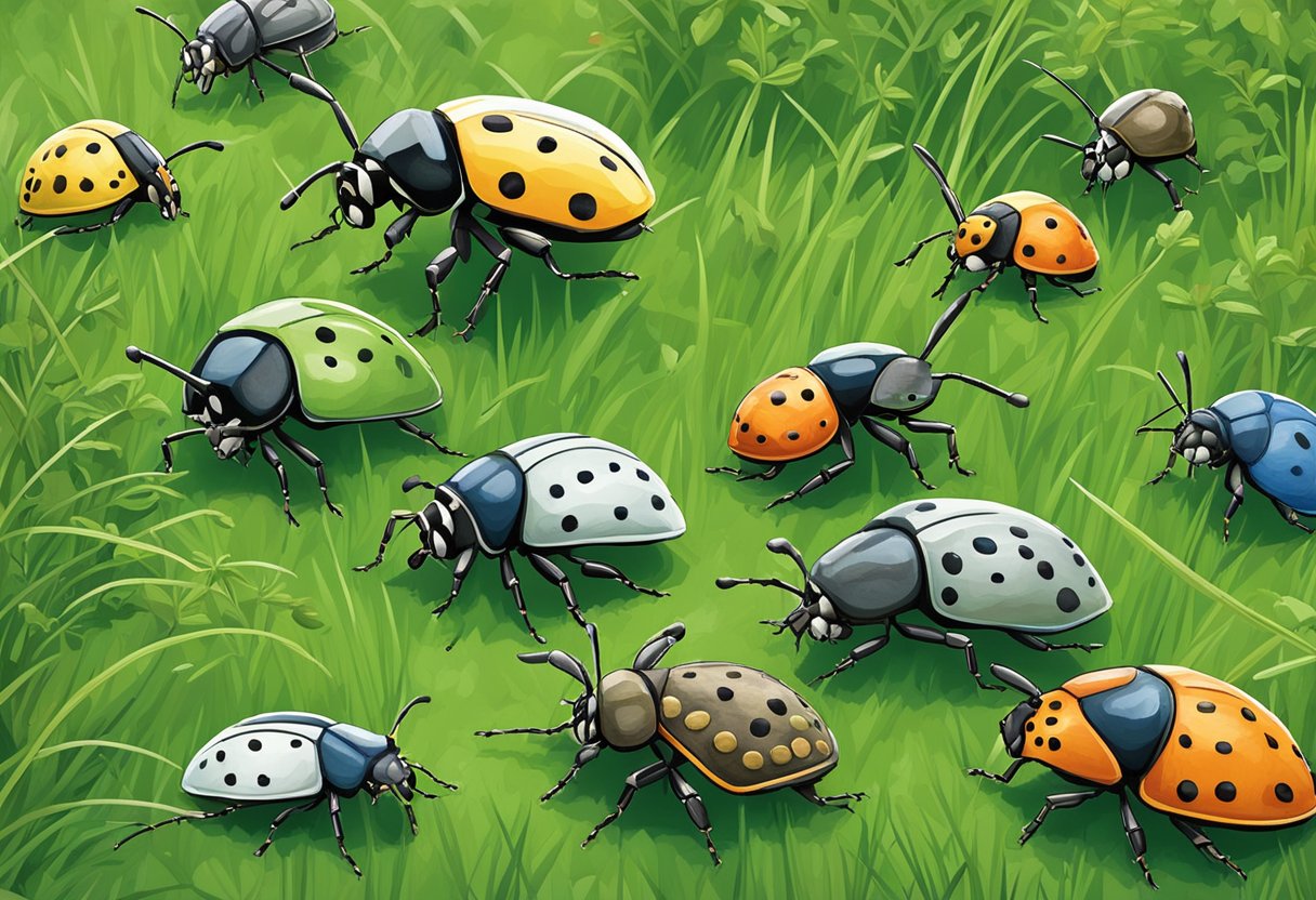 A group of cinchbugs gather on a green lawn, inspecting the grass for potential damage. Some are clustered together while others explore independently