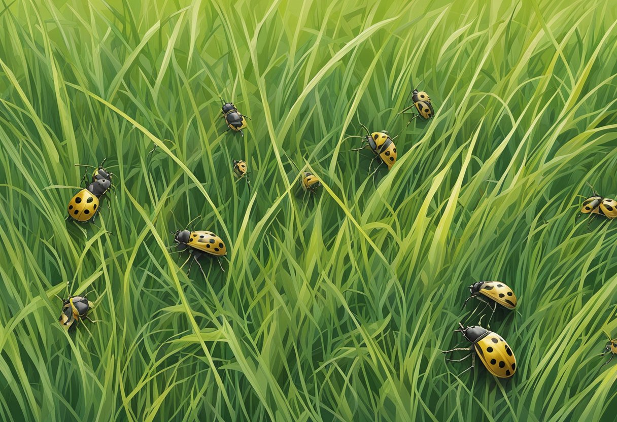 A lush green lawn with patches of yellowing grass. Cinchbugs crawl among the blades, causing damage. Various treatment options are scattered around the perimeter