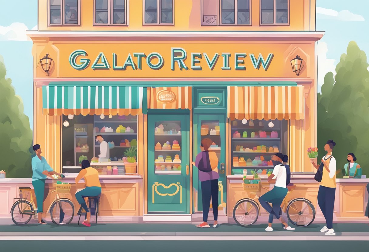 A colorful gelato shop with a display of various flavors, customers enjoying their treats, and a sign with "Gelato Review" in bold letters