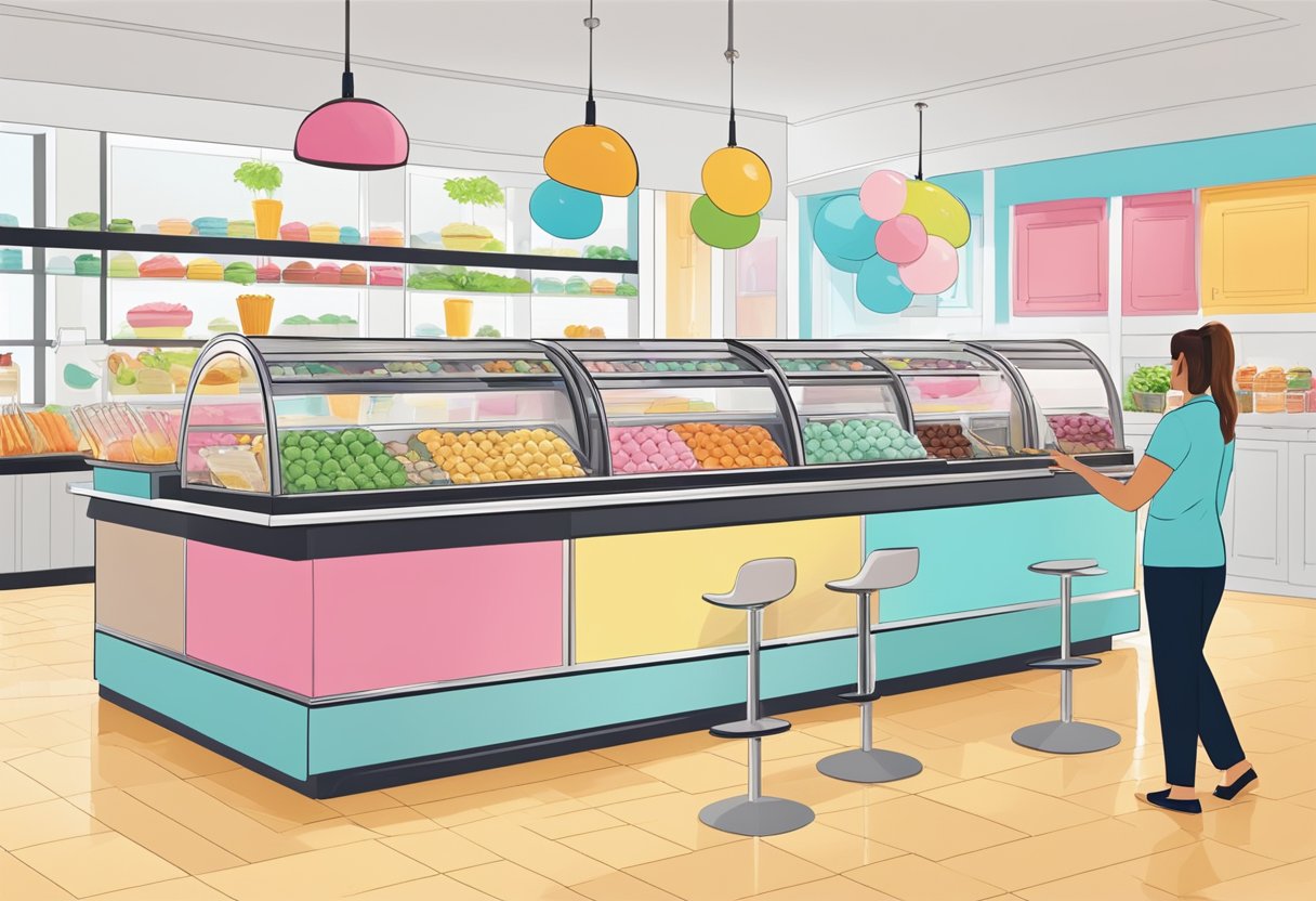 A colorful array of gelato flavors displayed in a clean, modern setting. A friendly staff member assists a customer with a smile