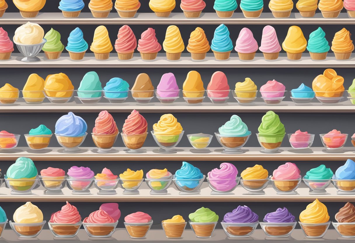 A display case filled with colorful gelato flavors, neatly arranged and labeled, showcasing the wide selection and high quality of the products