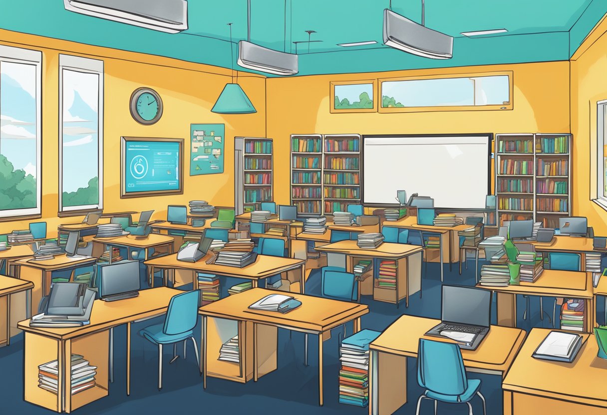 A vibrant classroom setting with Ecom Dave's FBA Academy logo displayed prominently. Books, computers, and eager students fill the space