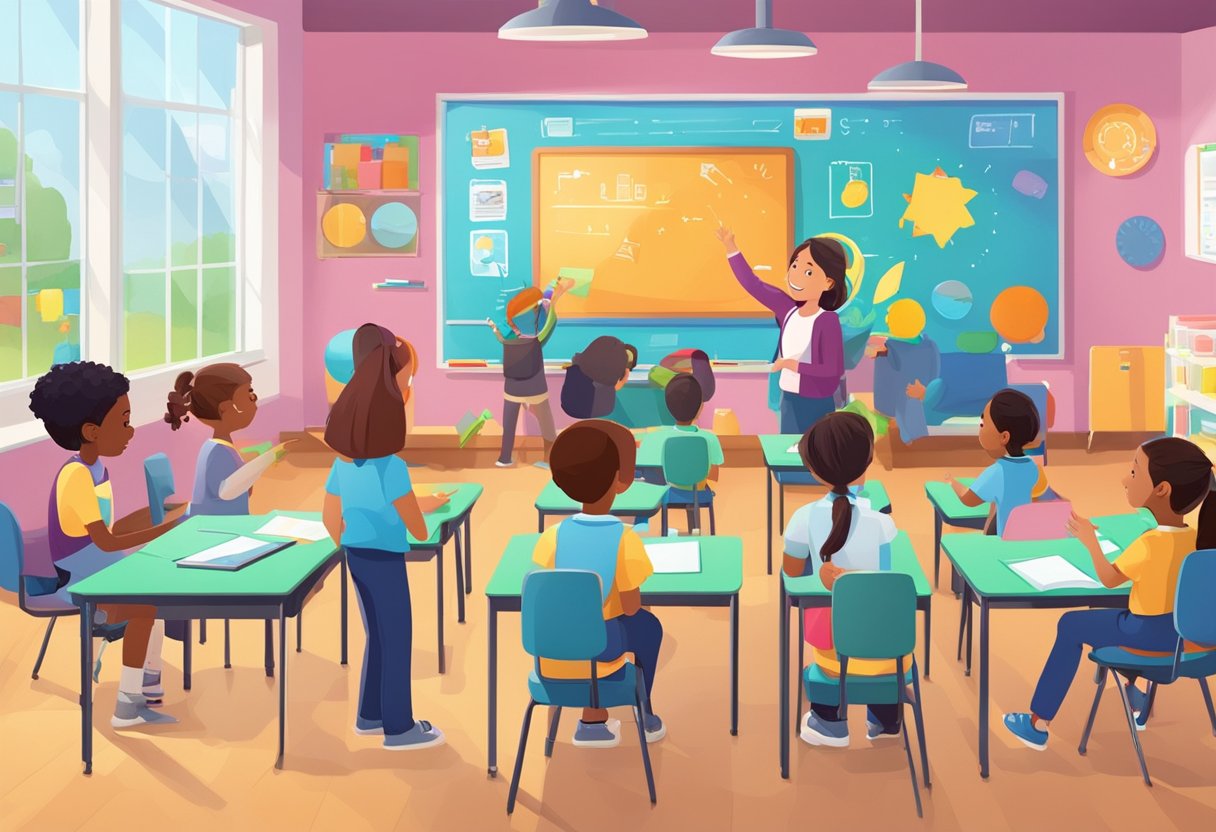 A colorful classroom with students engaged in hands-on activities, while a teacher uses interactive technology for a lesson on the Igenius Review