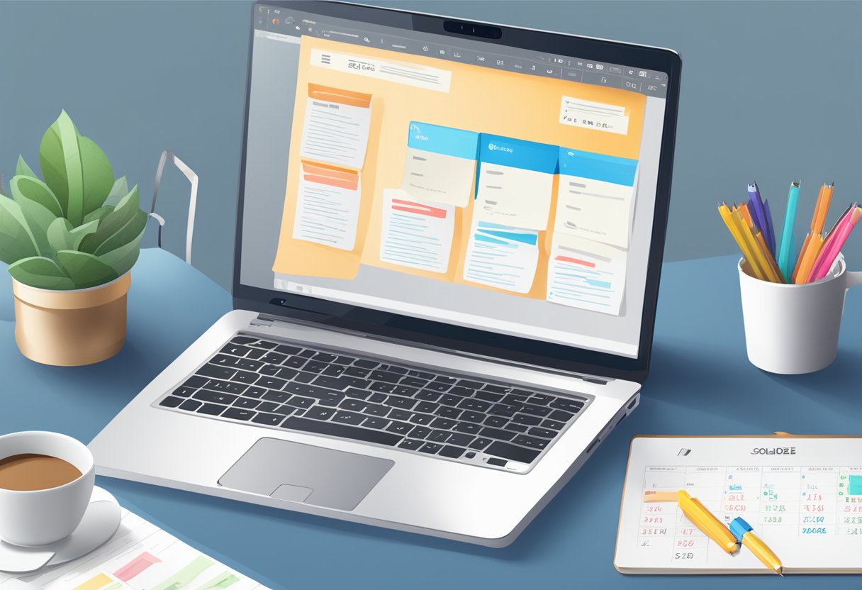 A laptop with SolidGigs website open, a freelancer's desk with notes, coffee, and a calendar. Notifications of new job alerts and resources