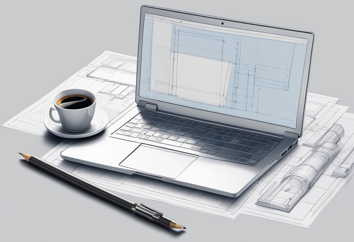 A laptop displaying a digital blueprint, surrounded by a ruler, pencil, and architectural scale. A cup of coffee sits nearby