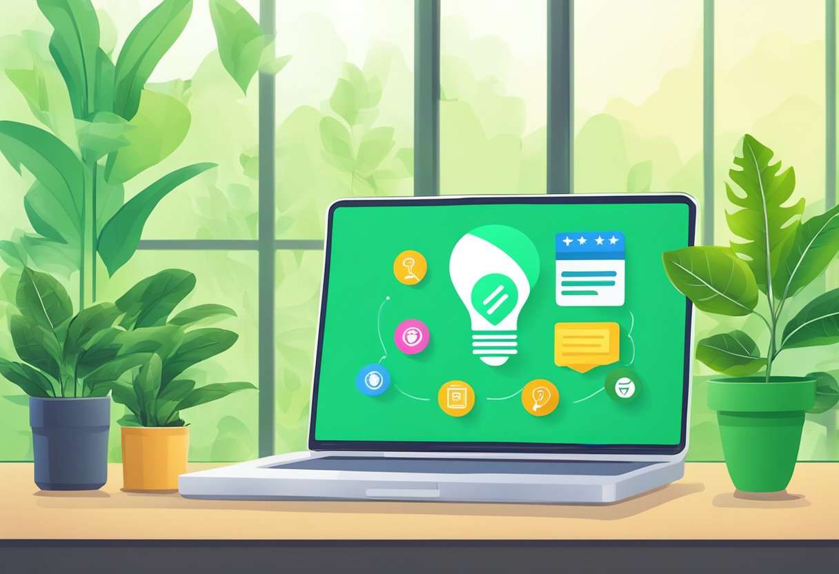 A laptop displaying positive customer reviews with a thumbs-up icon, surrounded by vibrant green plants and a lightbulb symbolizing innovation