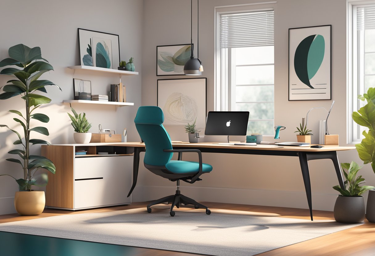 A sleek, modern Uplift Desk sits in a well-lit home office, surrounded by ergonomic accessories and a clutter-free workspace