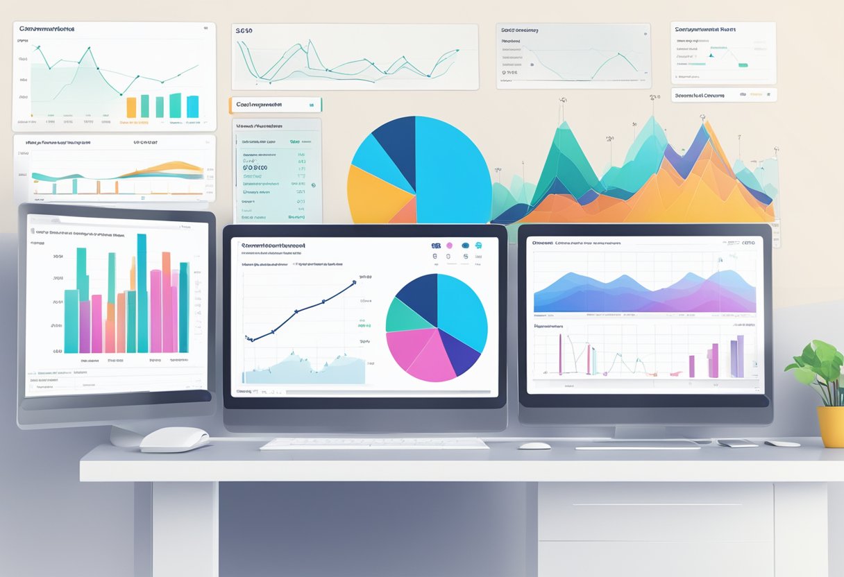 A computer screen displaying Ecom Uplift's performance metrics and functionality data. Multiple charts and graphs show an upward trend