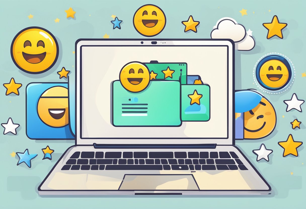 A laptop displaying a 5-star rating and positive comments. A smiling emoji and "Great job!" are visible