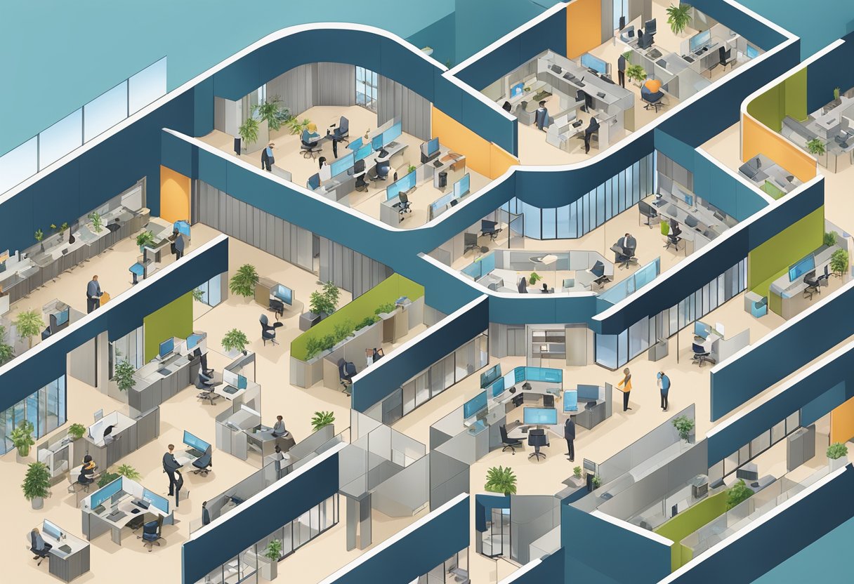 An aerial view of GS Partners office with employees working at their desks, meeting rooms, and a modern reception area