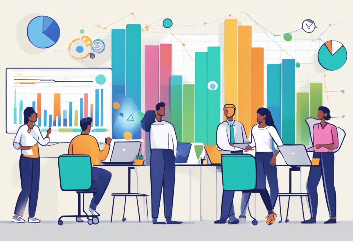 A group of people engage in lively discussion, exchanging ideas and feedback. Charts and graphs line the walls, showcasing data and insights. The atmosphere is collaborative and dynamic, with a sense of energy and excitement