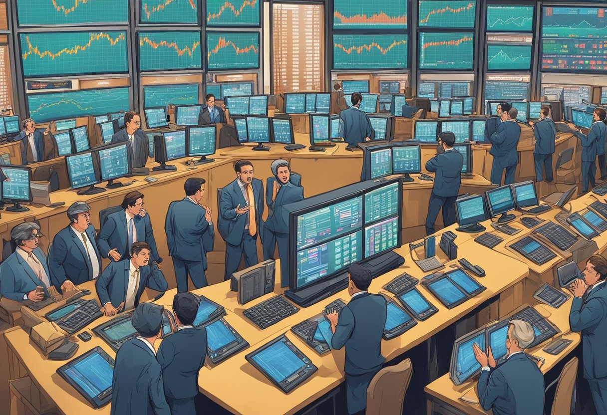 A bustling stock exchange with traders gesturing and shouting, screens flashing with stock prices, and a palpable sense of urgency