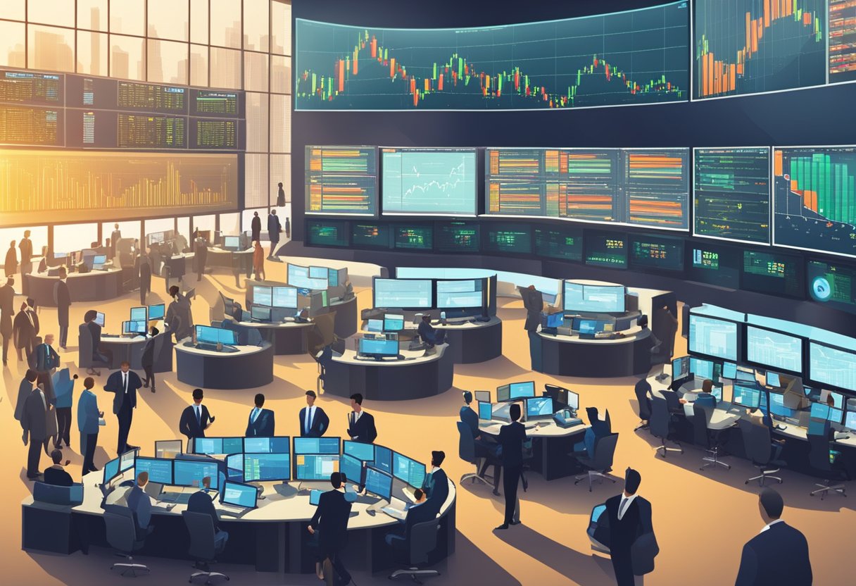 A bustling stock exchange floor with traders analyzing data and discussing investment strategies. Ticker screens display Dow Jones review and potential opportunities