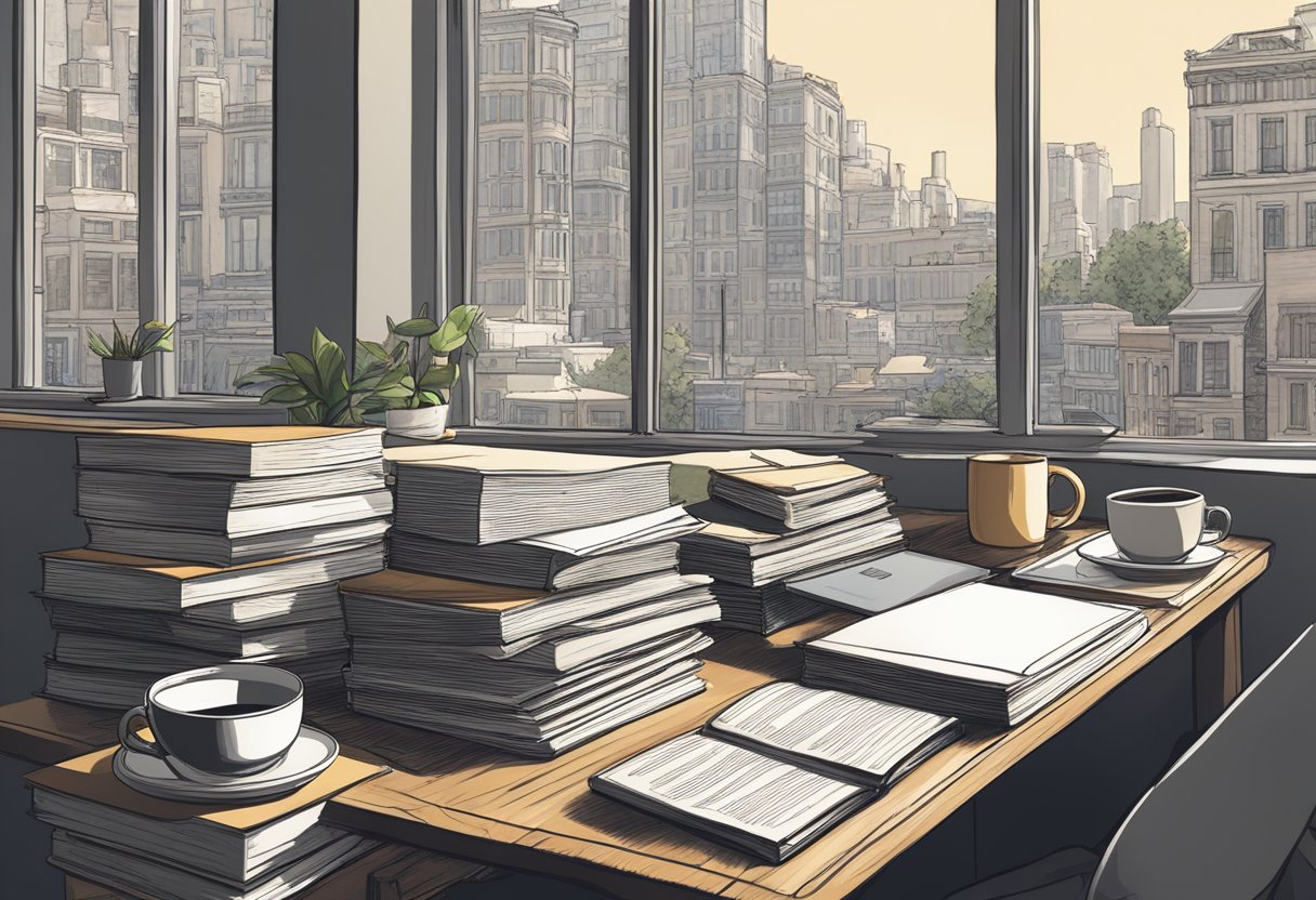 A desk cluttered with books, a laptop, and a mug of coffee. A window overlooks a bustling city street. A stack of manuscripts sits waiting to be reviewed