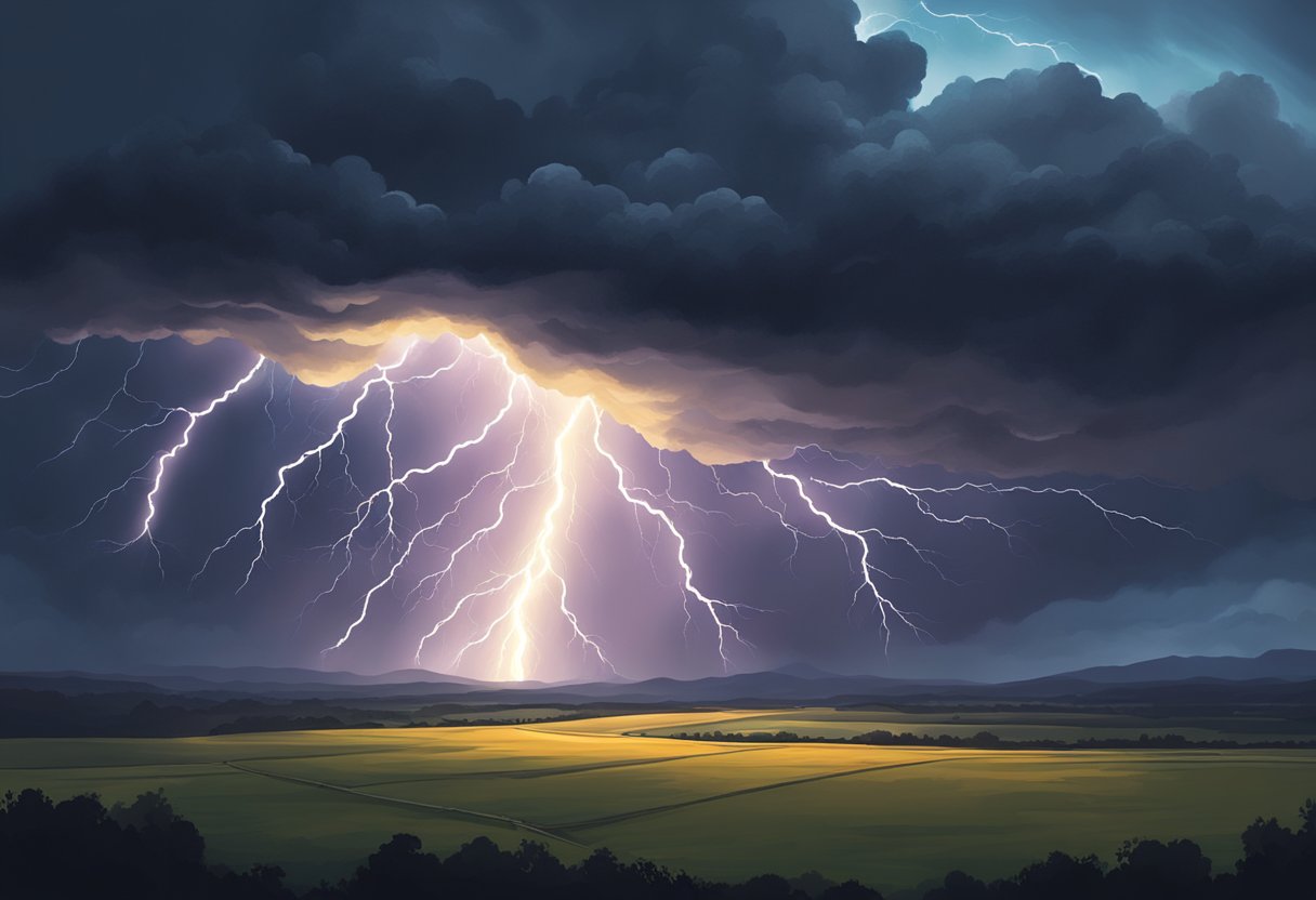 A bolt of lightning strikes a dark, stormy sky, illuminating the clouds and casting a dramatic glow over the landscape below