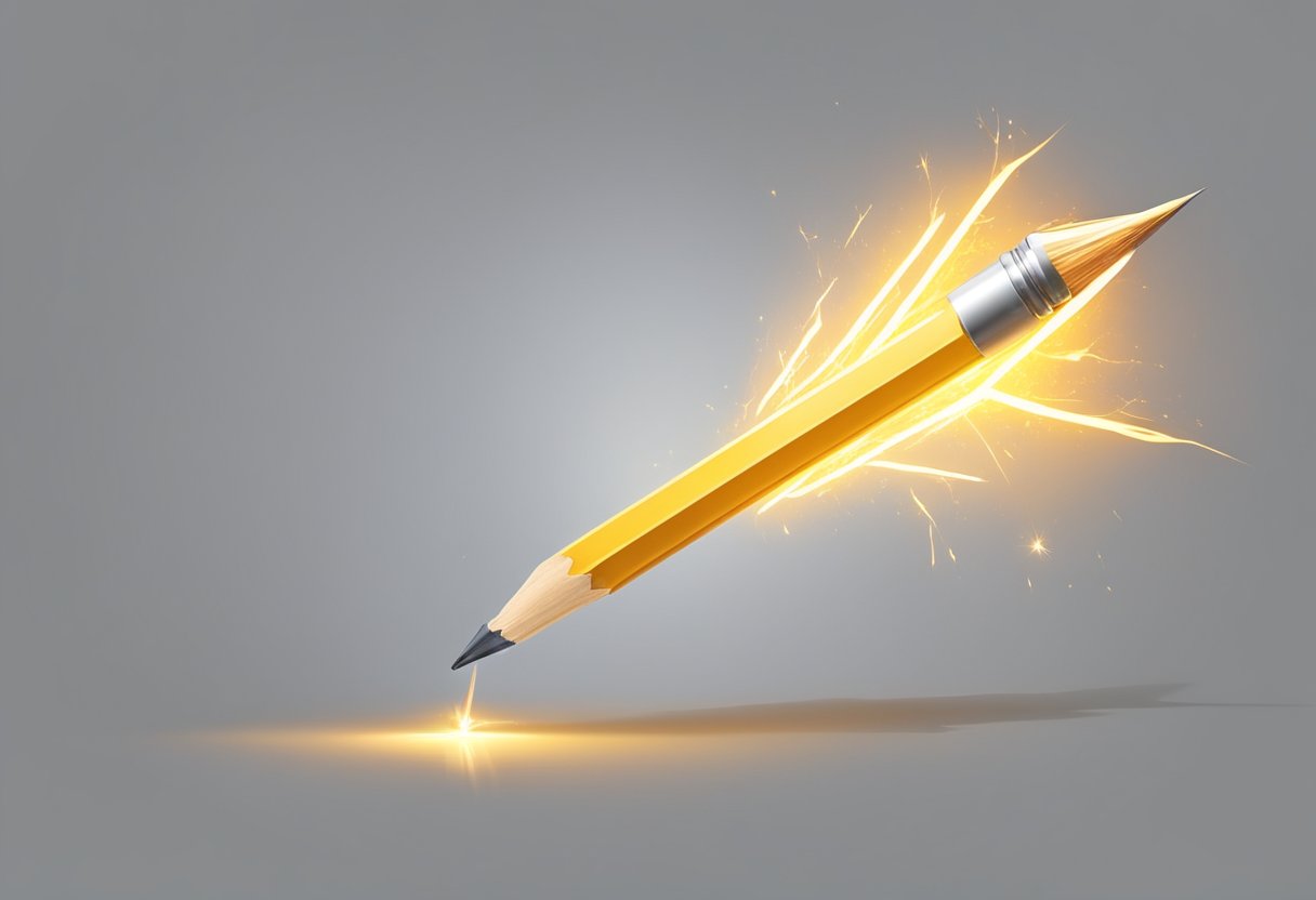 A lightning bolt strikes a lead pencil, creating sparks and energy. The pencil glows with a bright light, symbolizing the power and impact of Lead Lightning