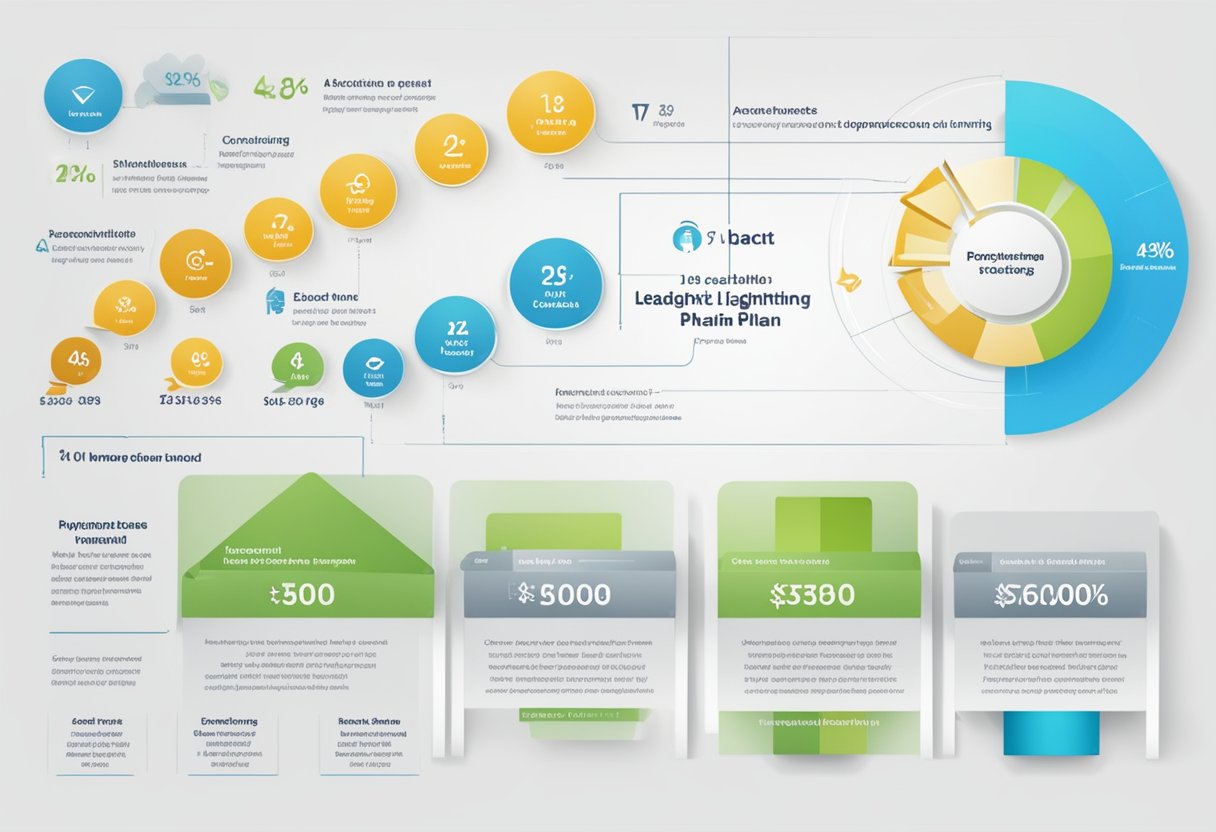 A chart displaying the lead lightning compensation plan, with clear tiers and percentages, surrounded by positive testimonials and success stories