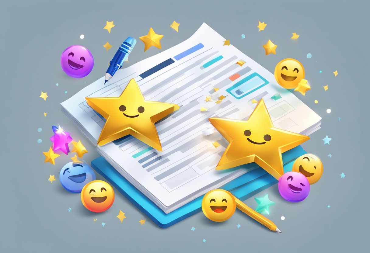 A pile of survey forms with a golden star on top, surrounded by smiling emojis and a glowing trophy