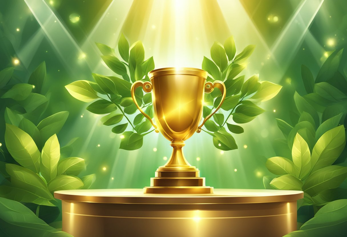 A shining golden trophy sits atop a pedestal, surrounded by a circle of vibrant green leaves. Rays of light beam down, illuminating the trophy and casting a warm glow